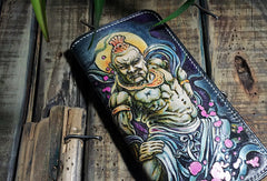 Handmade leather Biker trucker long The-arhat wallet leather men Black Carved Tooled wallet - EverHandmade