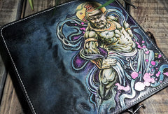 Handmade leather Biker trucker long The-arhat wallet leather men Black Carved Tooled wallet - EverHandmade