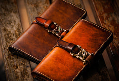 Handmade leather long clutch biker trucker chain wallet coffee brown leather men wallet - EverHandmade