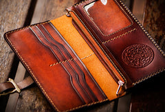 Handmade leather long clutch biker trucker chain wallet coffee brown leather men wallet