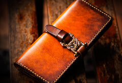 Handmade leather long clutch biker trucker chain wallet coffee brown leather men wallet - EverHandmade