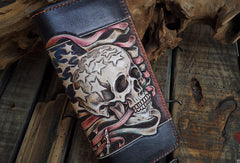 Handmade leather Biker trucker long American skull wallet leather  men Black Carved Tooled wallet - EverHandmade
