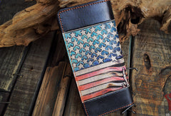 Handmade leather Biker trucker long American skull wallet leather  men Black Carved Tooled wallet - EverHandmade