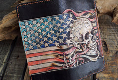Handmade leather Biker trucker long American skull wallet leather  men Black Carved Tooled wallet - EverHandmade