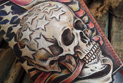 Handmade leather Biker trucker long American skull wallet leather  men Black Carved Tooled wallet - EverHandmade