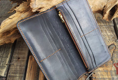 Handmade leather Biker trucker long American skull wallet leather  men Black Carved Tooled wallet - EverHandmade