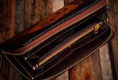 Handmade leather clutch zip long wallet black buddha leather men Tooled - EverHandmade