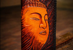 Handmade leather clutch zip long wallet black buddha leather men Tooled