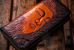 Handmade leather clutch zip long wallet black buddha leather men Tooled - EverHandmade