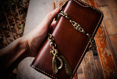 Handmade leather zip biker long trucker clutch wallet black leather chain men wallet