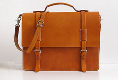 Handmade Leather messenger bag brief yellow brown for men women leather shoulder bag