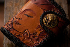 Handmade leather biker trucker wallet black billfold Bodhisattva leather chain men Carved Tooled wallet - EverHandmade