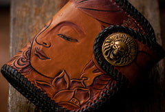 Handmade leather biker trucker wallet black billfold Bodhisattva leather chain men Carved Tooled wallet