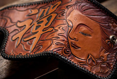 Handmade leather biker trucker wallet black billfold Bodhisattva leather chain men Carved Tooled wallet - EverHandmade