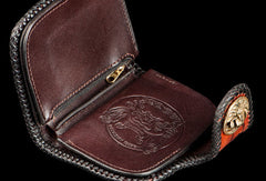 Handmade leather biker trucker wallet black billfold Bodhisattva leather chain men Carved Tooled wallet - EverHandmade