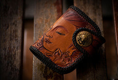 Handmade leather biker trucker wallet black billfold Bodhisattva leather chain men Carved Tooled wallet - EverHandmade