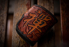 Handmade leather biker trucker wallet black billfold Bodhisattva leather chain men Carved Tooled wallet - EverHandmade