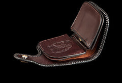 Handmade leather biker trucker wallet black billfold Bodhisattva leather chain men Carved Tooled wallet - EverHandmade