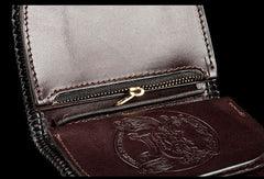 Handmade leather biker trucker wallet black billfold Bodhisattva leather chain men Carved Tooled wallet - EverHandmade