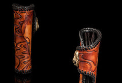 Handmade leather biker trucker wallet black billfold Bodhisattva leather chain men Carved Tooled wallet - EverHandmade