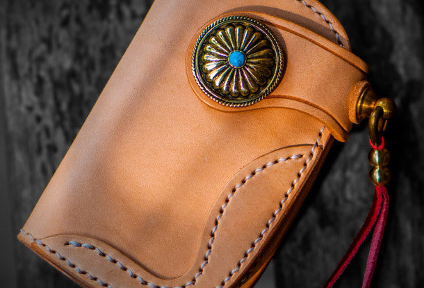 Handmade leather biker trucker key wallet black billfold beige leather chain men wallet - EverHandmade