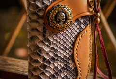 Handmade leather biker trucker key wallet black billfold snake skin leather chain men wallet