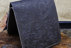Handmade billfold leather wallet flowral leather billfold wallet for men women - EverHandmade