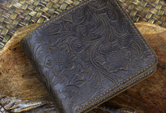 Handmade billfold leather wallet flowral leather billfold wallet for men women - EverHandmade