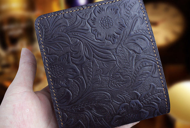 Handmade billfold leather wallet flowral leather billfold wallet for men women - EverHandmade
