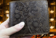 Handmade billfold leather wallet flowral leather billfold wallet for men women - EverHandmade