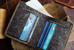 Handmade small leather wallet flowral leather billfold wallet for men women - EverHandmade