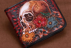 Handmade skull small leather wallet men tooled carved billfold wallet for him