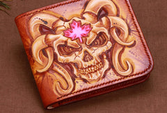 Handmade mens skull small leather wallet tooled carved billfold wallet for him