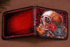Handmade skull small leather wallet men tooled carved billfold wallet for him - EverHandmade