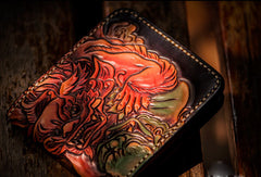 Handmade leather billfold wallet men tooled chinese lion carved wallet - EverHandmade