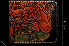 Handmade leather billfold wallet men tooled chinese lion carved wallet