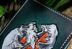 Handmade leather billfold blue skull wallet leather men Black Carved Tooled wallet
