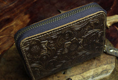 Handmade billfold leather wallet flowral leather Zipper wallet for men women