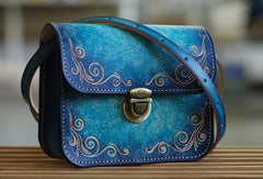 Handmade leather shoulder bag crossbody bag purse vintage carved green for her - EverHandmade