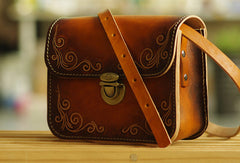 Handmade leather shoulder bag crossbody bag purse vintage carved green for her