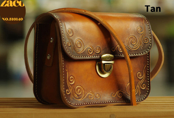 Handmade leather shoulder bag crossbody bag purse vintage carved green for her - EverHandmade