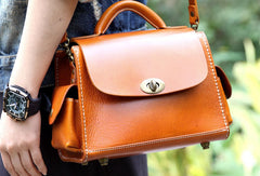 Handmade vintage satchel leather normal messenger bag orange shoulder bag handbag for women