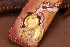 Handmade leather brown skull wallet leather long men clutch Tooled wallet