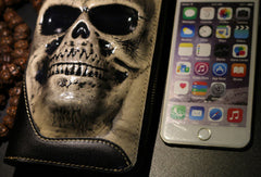 Handmade long skull clutch wallet leather men black white tooled wallet for men