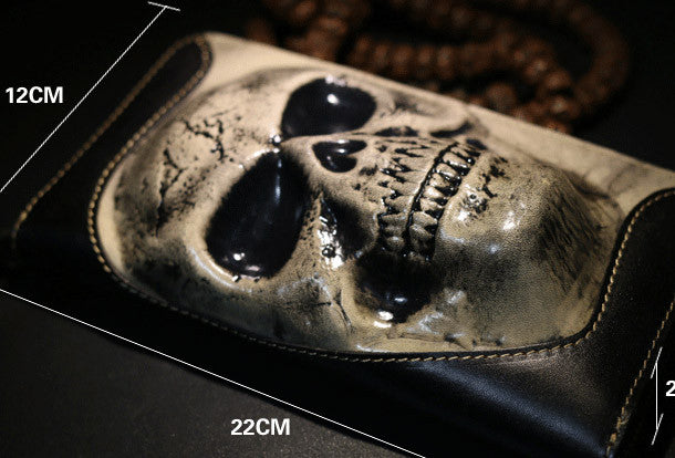 Handmade Long leather wallet men guns & roses skull black tooled carve