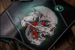 Handmade leather biker trucker wallet green skull leather chain men wallet
