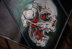 Handmade leather biker trucker wallet green skull leather chain men wallet