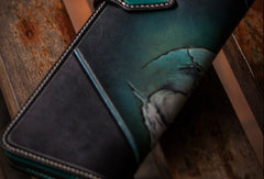 Handmade leather biker trucker wallet green skull leather chain men wallet