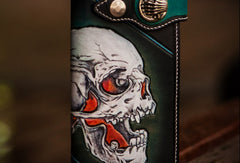 Handmade leather biker trucker wallet green skull leather chain men wallet