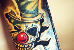 Handmade leather tooled carved wallet long wallet clown skull men biker long wallet